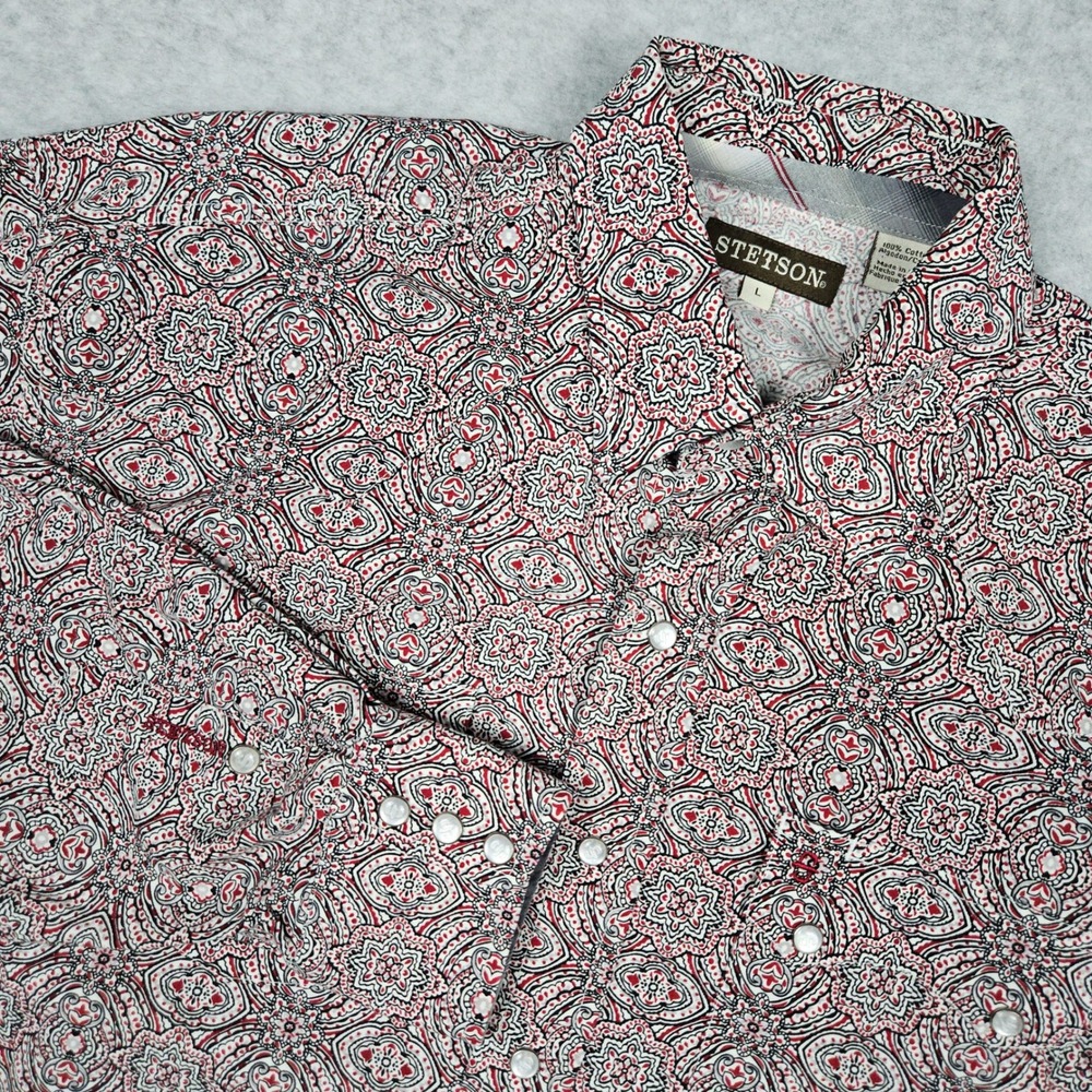 Stetson (Mens Large) Geometric Western Pearl Snap Shirt Cowboy Rodeo Long Sleeve